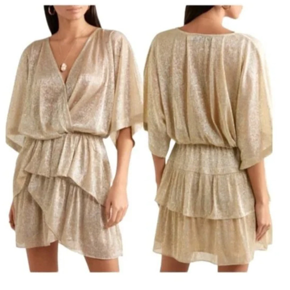 IRO Sheer Gold Wide Dress Mini Shimmering Tiered V-neck US 6 - Picture 2 of 12